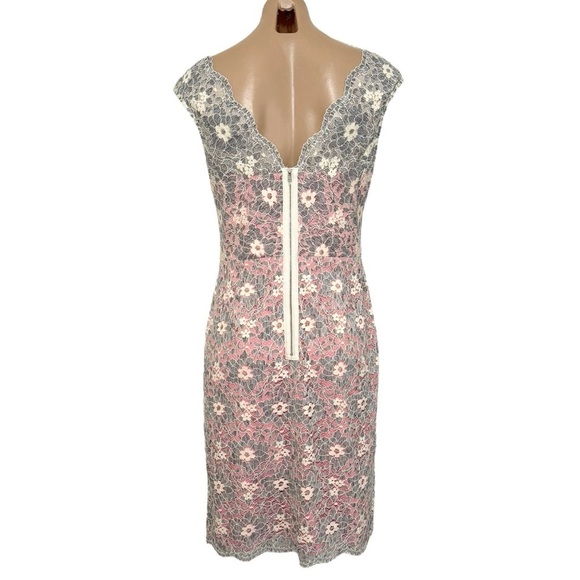 😍 MAGGY LONDON PINK GRAY SOFT WHITE ILLUSION SCALLOPED LACE SHEATH DRESS 8 NWT - Picture 5 of 9